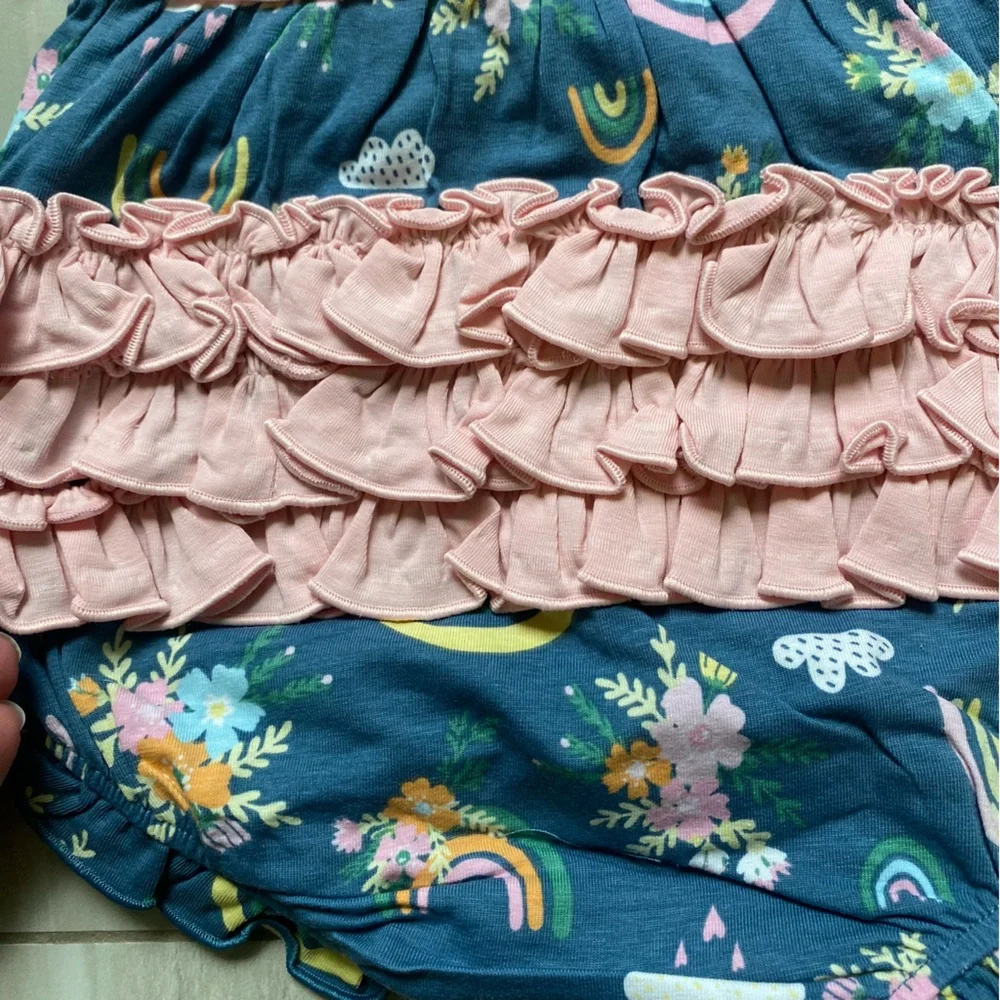 NWT RuffleButts Dark Blue & Pink Floral Rainbows Ruffles Bubble Romper, 0-3M